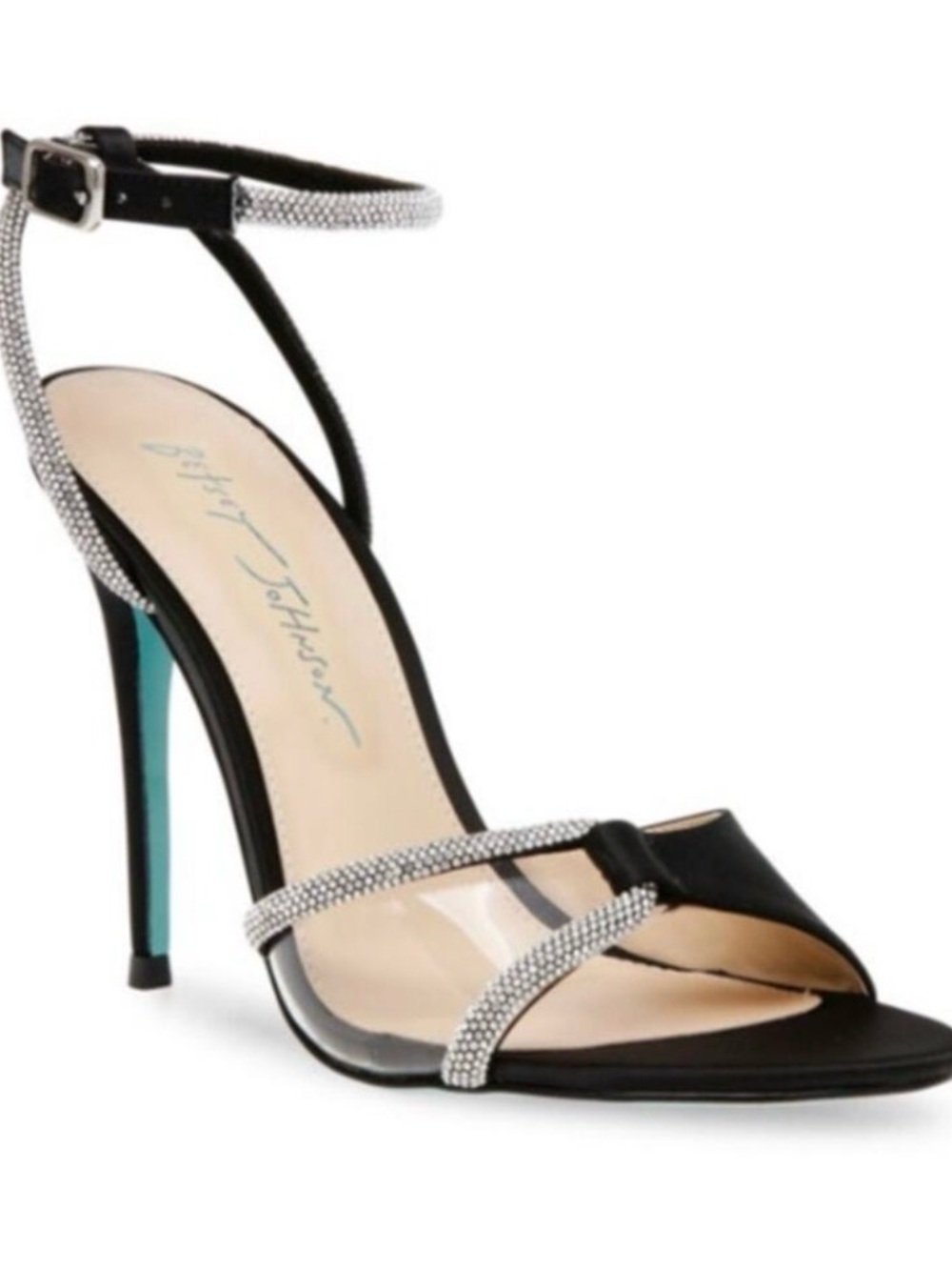 Betsey Johnson Black Sandals with Turquoise Heel and Crystal Straps